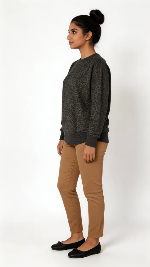Leopard Print Oversized Sweatshirt – Drop Shoulder Raw Hem Crewneck