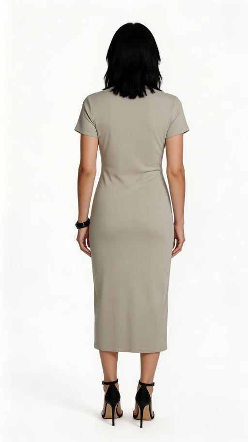 Bodycon Maxi Dress – V-Neck Slit Sculpted Fit (Tan)