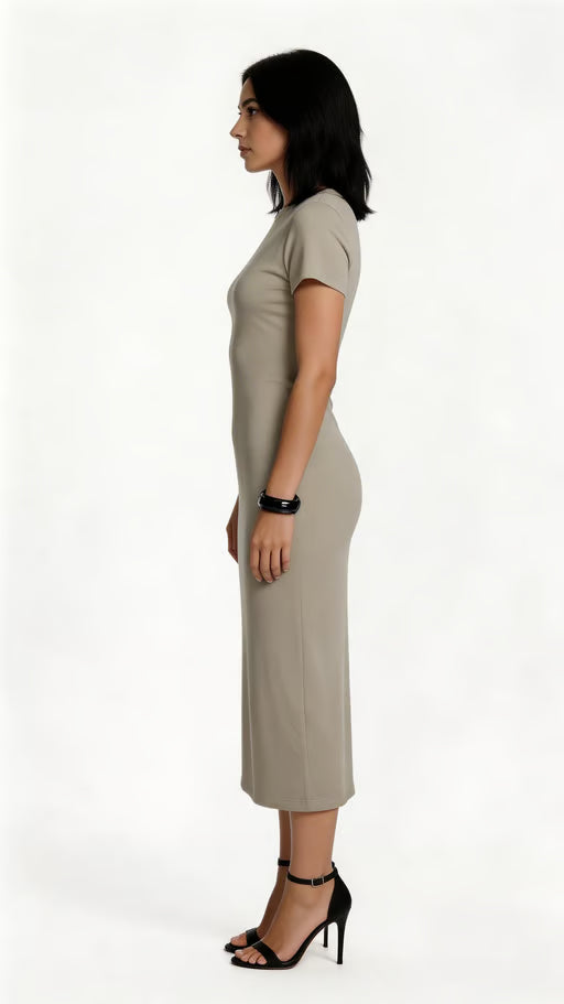 Bodycon Maxi Dress – V-Neck Slit Sculpted Fit (Tan)