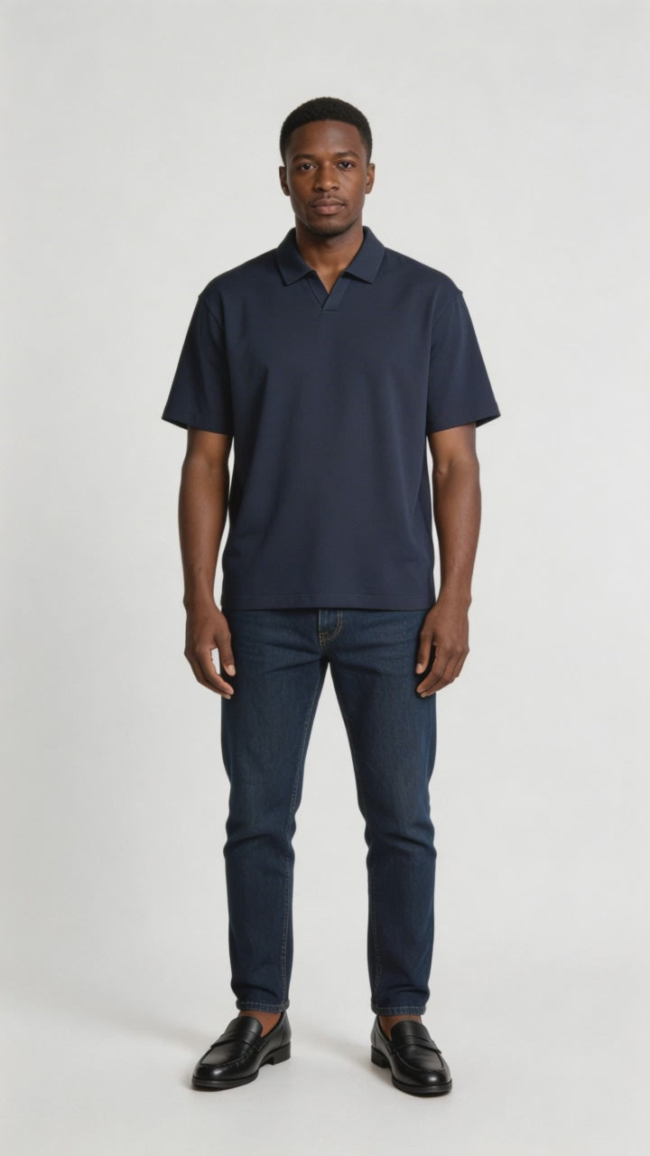 V-Neck Polo Tee – Short Sleeve Relaxed Fit (Lightweight Essential)
