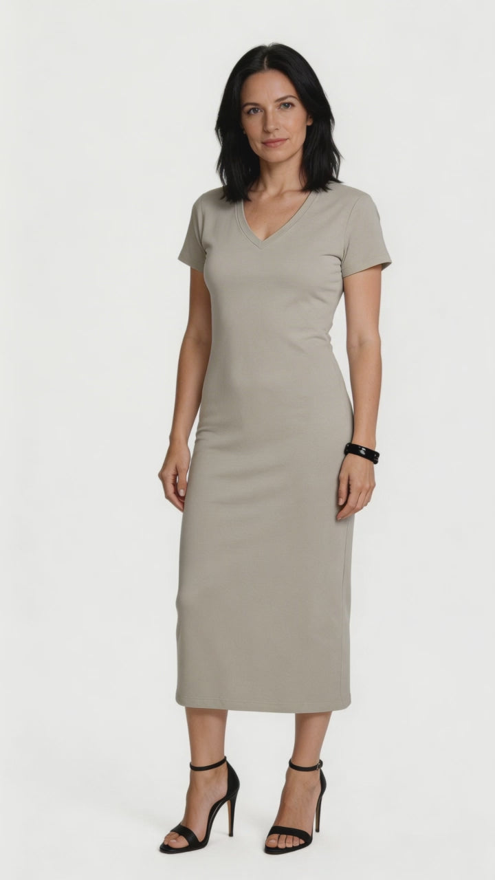 Bodycon Maxi Dress – V-Neck Slit Sculpted Fit (Tan)